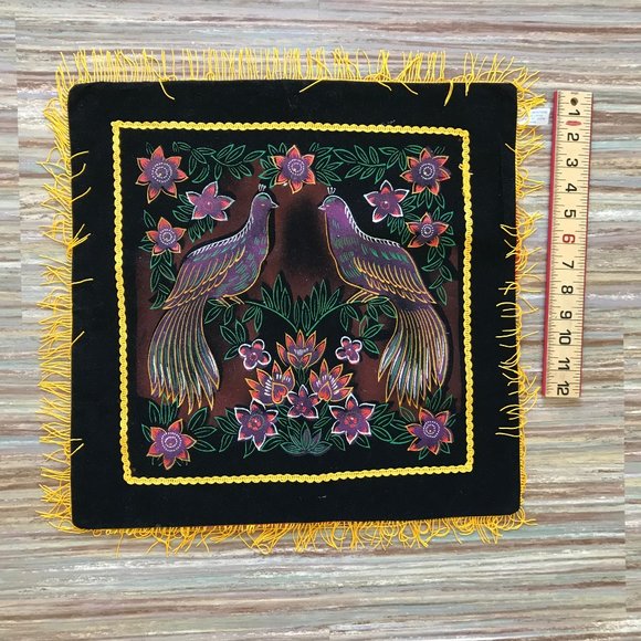 Birds of Paradise Painted Velvet Cushion Cover Fringe Edge Vintage Made in Japan - Picture 7 of 7